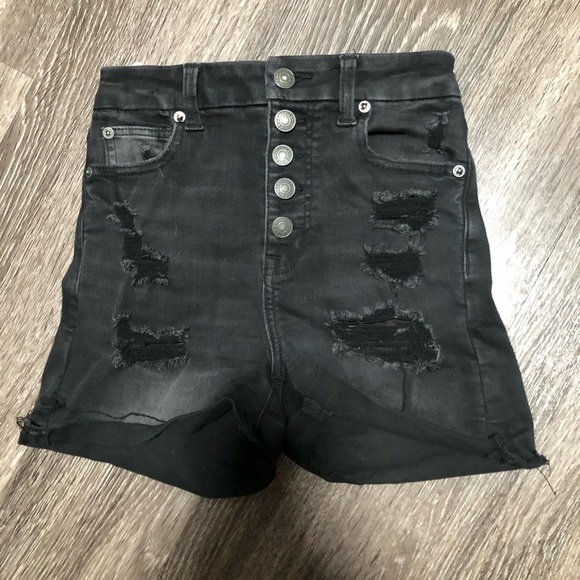 American Eagle Size 00 Black Distressed High-Waisted Denim Shorts - Picture 1 of 6